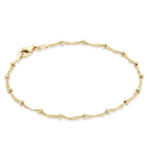 Miabella Italian Solid 925 Sterling Silver, 18Kt Gold Plated Singapore Bead Chain Station Bracelet for Women, Made in Italy - color: yellow-gold-plated-silver, size: Length 8 Inches