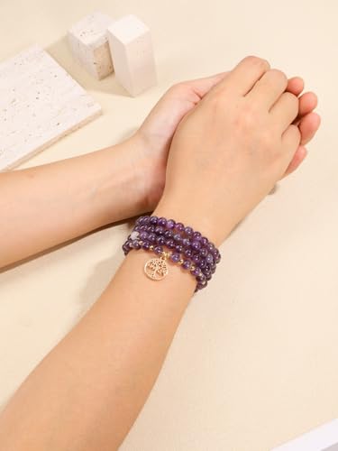 Jovivi 108 Mala Beads Bracelet Necklace, Natural Healing Crystal Stones Prayer Beads Yoga Meditation Gemstone Necklace Gold Copper Tree Life Pendant - color: Amethyst