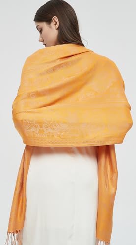 Pashmina Shawl Wrap with Ethnic Paisley Two Tone Jacquard Scarf for Women - color: Orange