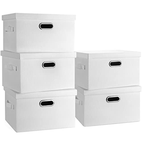 Graciadeco Medium 15" 21 Quart Collapsible Stackable Storage Bins with Lids, 5 Packs White Foldable Fabric Closet Storage Boxes with Lids, Lidded Heavy-duty Linen Baskets(15x11x8) - color: White, size: Medium -5 Pack