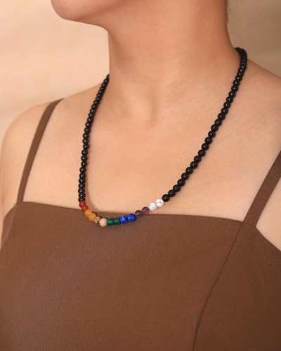 Reiki 7 Chakra Obsidian Beaded Necklace Protection Spiritual Crystals Meditation Yoga Necklaces for Women and Men Good Luck Jewelry - size: 24in