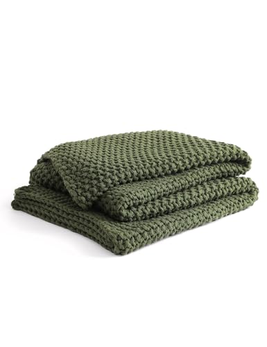 YnM Chunky Cotton Knit Throw Blanket, Cable Knit Throws for Bed Couch Sofa, Comfy & Relaxing, Decorative Piece for Farmhouse Modern Boho Rustic Scandinavian Chic Vibe, Pine Green 60x80 Inches - color: Pine Green - Medium Weight, size: Full / Queen