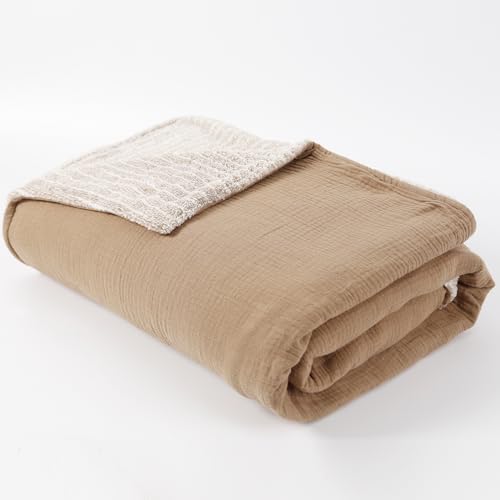 Muslin Cotton Throw Blanket with Flannel for Bed,Super Soft Muslin Blanket with Cozy Flannel for Adults 55 * 72inches,Coffee - color: Coffee