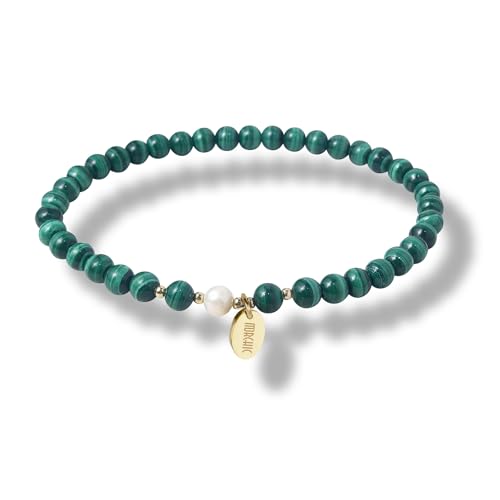 4mm Natural Gemstone Beads Stretch Bracelet for Women, With Freshwater Pearls, Energy Gem Birthday Gift for Her 7.2” - color: Malachite