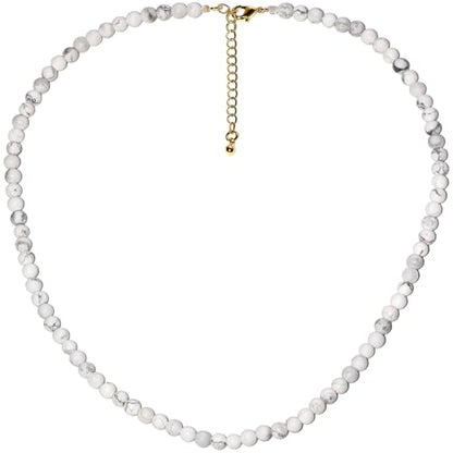 Simple Choker Necklace for Women Real Stone and Crystals Necklaces 4mm Beaded Choker Jewelry Meditation Gift for Women (16"+2") - style: Howlite