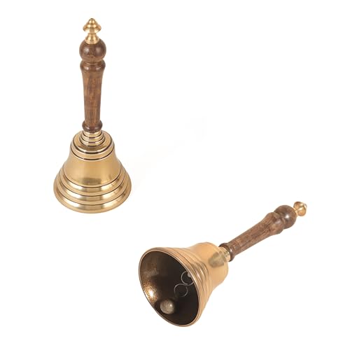Hand Bell with Antique Brass Finish and Wooden Handle – Perfect for Weddings, Schools, Games, Reception Desks, Religious Ceremonies & Events – 3” Diameter, 8” Height