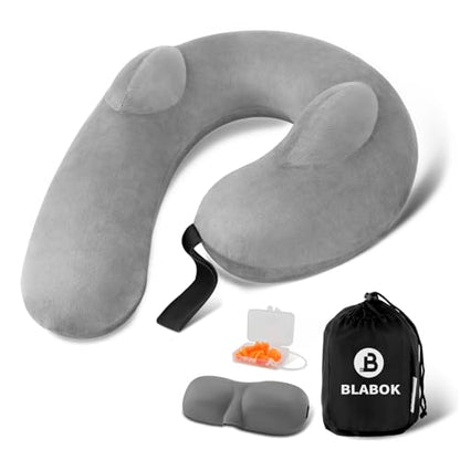 Patented Design Inflatable Travel Neck Pillow – Airplane Neck Pillow with 360° Head & Neck Support, Soft Washable Velvet Cover, Compact Neck Support Pillow for Airplane,Train,Car,Office & Home (Grey) - color: Gery