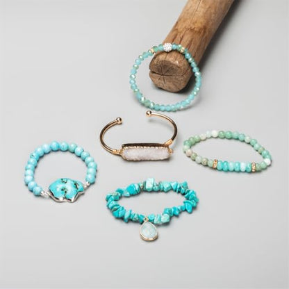 5PCS Natural Boho Beaded Bracelets Bangle for Women Men,Healing Turquoise Jasper Agate Crystal Gemstone Stone Chakra Multilayer Wrap Bohemian Handmade Jewelry Beads Stretch Bracelet Set - color: Blue