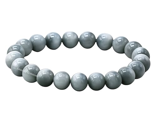 Amazing Gemstone Grey Cats Eye Bracelet for Women Men's Gifts - Protection Healing Crystal Bracelet - 8mm Gemstone Beaded Stretchable Bracelet Pulseras Para Hombres Mujer Stocking Stuffers Mothers Day Gift - color: Grey Cats Eye