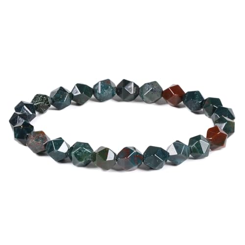 Justinstones 8mm Natural Gemstone Round Beads Triangle Faceted Charm Stretch Bracelet 6.5" - color: Green Bloodstone Heliotroppe