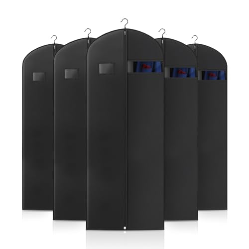 Hleelomi 5 Pack 60-inch Suit Bag Garment Bag for Travel and Storage, Garment Bags for Hanging Clothes with Zipper and Visible Transparent Window, Black - color: black, size: 60“ （5 pack)