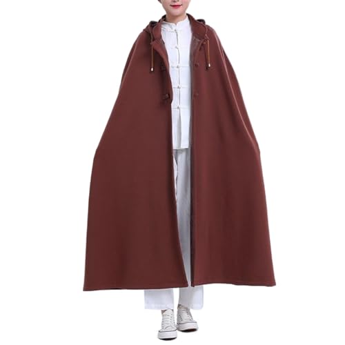 Unisex Meditation Buddhist Hooded Cloak Loose-Fit Comfortable Warm Prayer Robe Button Down Coat Poncho - color: Coffee, size: Medium