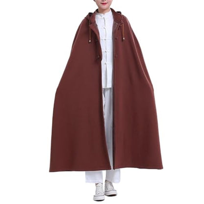 Unisex Meditation Buddhist Hooded Cloak Loose-Fit Comfortable Warm Prayer Robe Button Down Coat Poncho - color: Coffee, size: X-Large