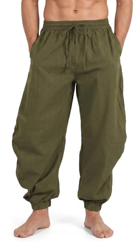 perdontoo Mens Casual Cotton Linen Pant Elastic Waist Drawstring Yoga Jogger Pants - color: Army Green, size: Small