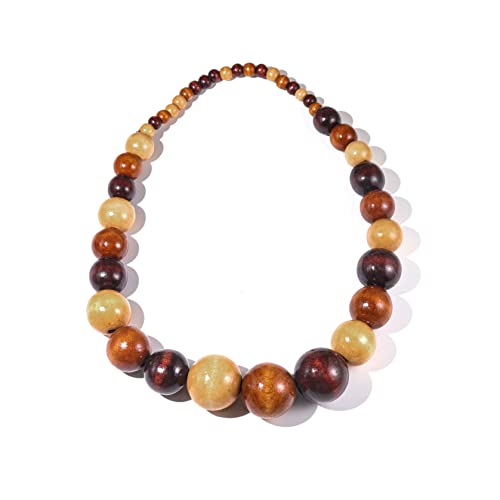 COLORFUL BLING Ethnic Natural Wood Beads Necklace for Men Women Africa Wooden Chain Chunky Strand Necklace Statement Hip Hop Jewelry - color: short light