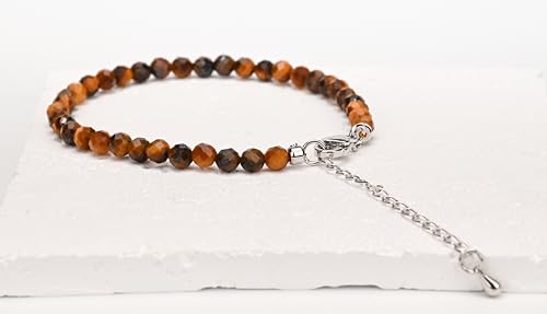 Crystal Bracelet for Women, Natural 4mm Faceted Beads Adjustable Bracelet, Small Beaded Healing Gemstone Bracelet - color: Golden Tiger Eye