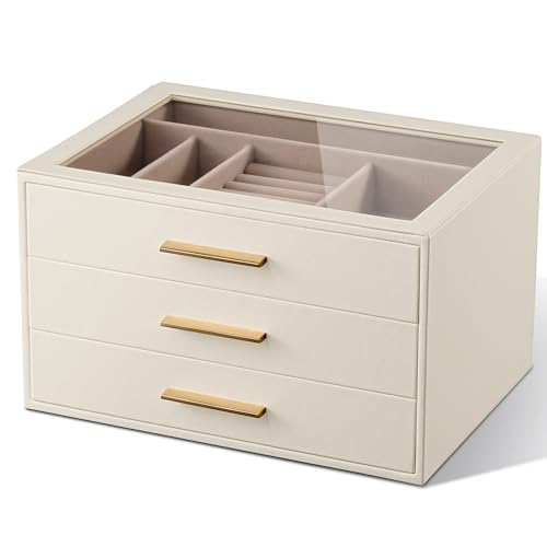 pickpiff Jewelry Box Organizer Case for Women: 3-Layer Jewelry Storage Case with Glass Window, Ivory Leather with Pink Velvet, Holder for Ring Necklace Bracelet Brooch Watch, Great Gift for Her - color: White, size: 3 layer