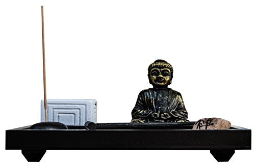 Zen Garden Deluxe Desk Meditation Garden Buddha Statue with Tea Light Holder, Incense Holder, Incense, Rocks, Sand, and Rake (Candle Not Included)