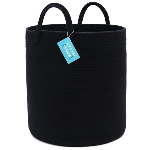 OrganiHaus Large Black Woven Laundry Basket w/Handles 52L, Rope Dirty Clothes Hamper, Blanket Basket for Living Room, Baby Laundry Hamper for Nursery, Soft & Durable Decorative Organizer Bin - color: Full Black, size: Tall