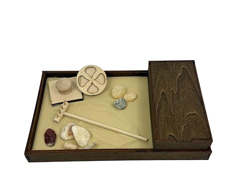 Wooden Zen Garden with Storage Box | Desert Luxe Sand with Rake & Accessories | Minimalist Decor Gift for Relaxation - color: Desert Luxe, size: Storage Box