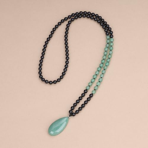 COAI Teardrop Pendant Necklace 108 Mala Stone Beaded Necklace, Prayer Beads Necklace for Women - style: Onyx & Green Aventurine