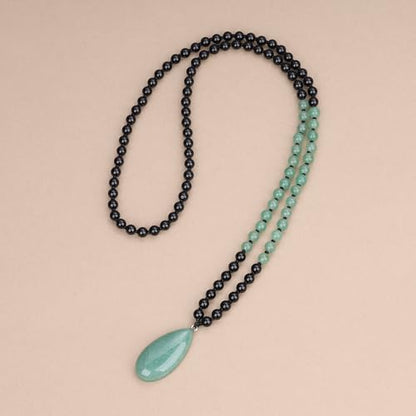 COAI Teardrop Pendant Necklace 108 Mala Stone Beaded Necklace, Prayer Beads Necklace for Women - style: Onyx & Green Aventurine