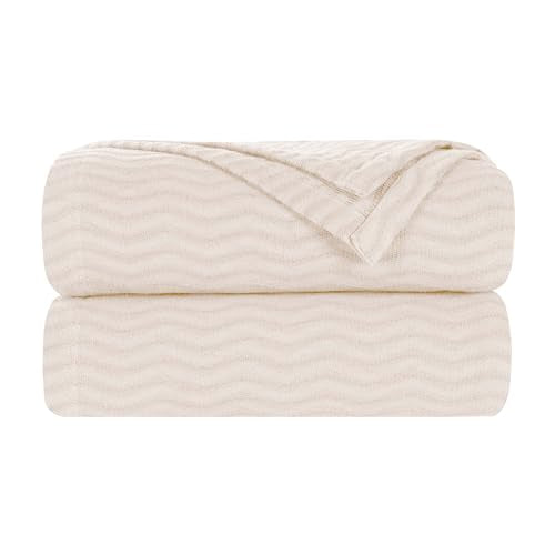 Superior JENA Cotton Blanket, for Picnic, Beach, Traveling or Camping, Bedroom Decor, Essentials, Cover for Bed, Couch, Lounging, Textured Jacquard, Modern Chevron Woven Blanket, Throw, Ivory