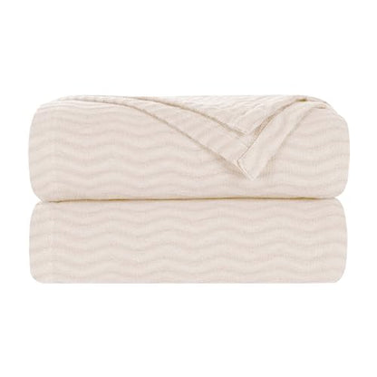 Superior JENA Cotton Blanket, for Picnic, Beach, Traveling or Camping, Bedroom Decor, Essentials, Cover for Bed, Couch, Lounging, Textured Jacquard, Modern Chevron Woven Blanket, Throw, Ivory