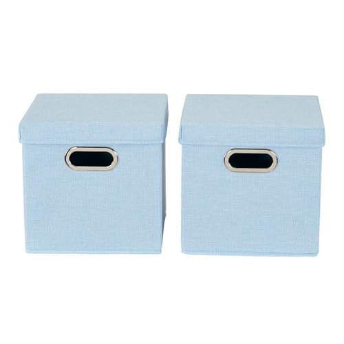 Household Essentials 816-1 Café Cube Bin Storage Set with Lids and Handles | 2 Pack, Baby Blue Linen - color: Blue