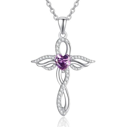TANGPOET Angel Wings Necklace for Women 925 Sterling Silver Guardian Angel Pendant, Heart Cross Birthstone Necklace, Birthday Jewelry Gifts for Her - style: 2-February Amethyst