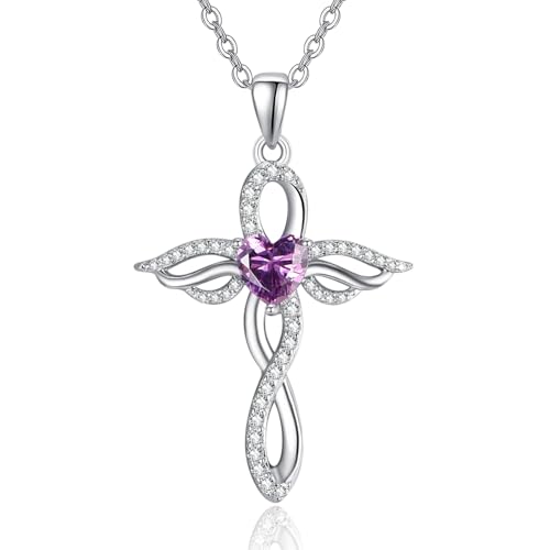 TANGPOET Angel Wings Necklace for Women 925 Sterling Silver Guardian Angel Pendant, Heart Cross Birthstone Necklace, Birthday Jewelry Gifts for Her - style: 2-February Amethyst