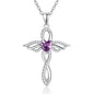 TANGPOET Angel Wings Necklace for Women 925 Sterling Silver Guardian Angel Pendant, Heart Cross Birthstone Necklace, Birthday Jewelry Gifts for Her - style: 2-February Amethyst