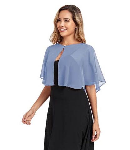 TONGFANTFL Women's Soft Chiffon Capelets Shawls and Wraps for Evening Wedding Cape Bole Cover Up - color: Dusty Blue