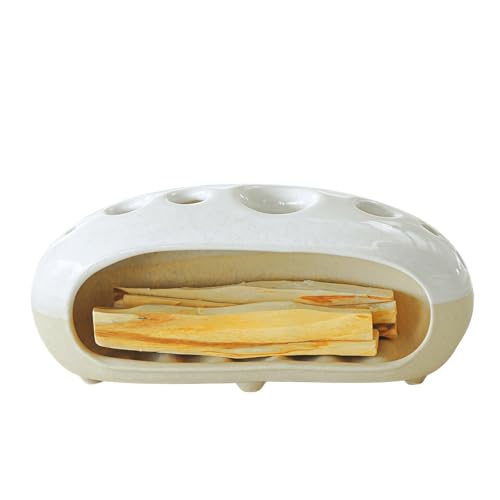 3 in 1 Palo Santo Holder for Sage Bundles Cone Incense, Handcrafted Ceramic Incense Burner Holder Ash Catcher with Chimney, Smudge Bowl for Yoga Meditation Home Decor (Multi - Porous White) - color: Multi - Porous White