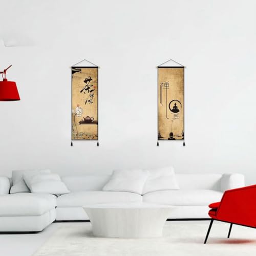 Chinese Scroll Painting Ancient Zen Wall Hanging Painting Retro Wall Decoration for Living Room Bedroom Office Home Accessory