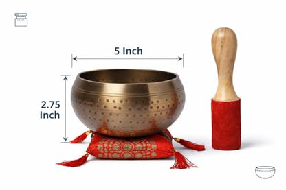 Tibetan Singing Bowl Set with Cushion & Mallet – Handmade Meditation Sound Bowl for Yoga, Healing, Mindfulness & Chakra Balancing (Brass, 5 Inch)