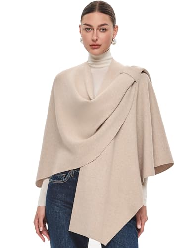 PULI Womens Large Cross Front Poncho Sweater Wrap Topper Knitted Elegant Shawls Cape for Fall Winter - color: Extra Warm Barley Twist
