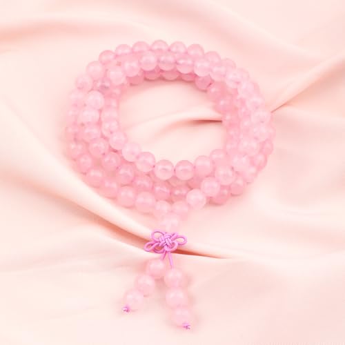 AD Beads 6mm 8mm 108 Prayer Mala Jasper Elastic Bracelet - Handmade Yoga Meditation Healing Power Energy Gifts for Unisex Adult. - color: Rose Quartz (Courage)