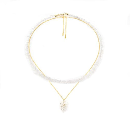 2Pcs Crystal Necklace for Women Handmade Choker Necklaces Pendant Necklace Natural Stone Gemstone Beaded Necklace 18k Gold Plated Adjustable Dainty Necklace for Women - color: Clear Quartz