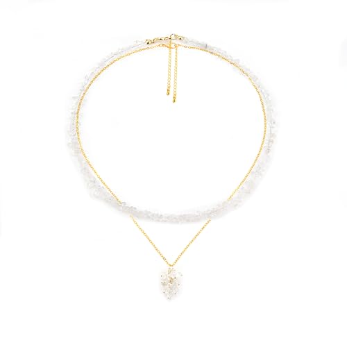 2Pcs Crystal Necklace for Women Handmade Choker Necklaces Pendant Necklace Natural Stone Gemstone Beaded Necklace 18k Gold Plated Adjustable Dainty Necklace for Women - color: Clear Quartz
