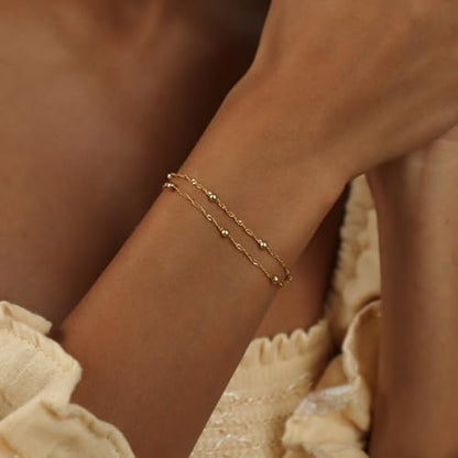 SLOONG Gold Pearl Bracelets for Women Trendy, 14K Gold Plated Dainty Stackable Layered Chain Bridesmaid Bracelets, Waterproof Wedding Jewelry for Women Adjustable 6"+2" - color: Style7(Ripple Chain)