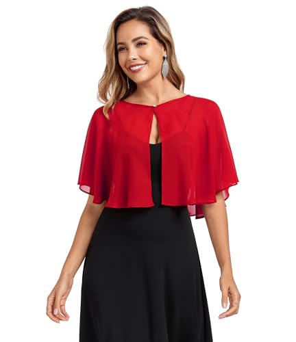 TONGFANTFL Women's Soft Chiffon Capelets Shawls and Wraps for Evening Wedding Cape Bole Cover Up - color: Red
