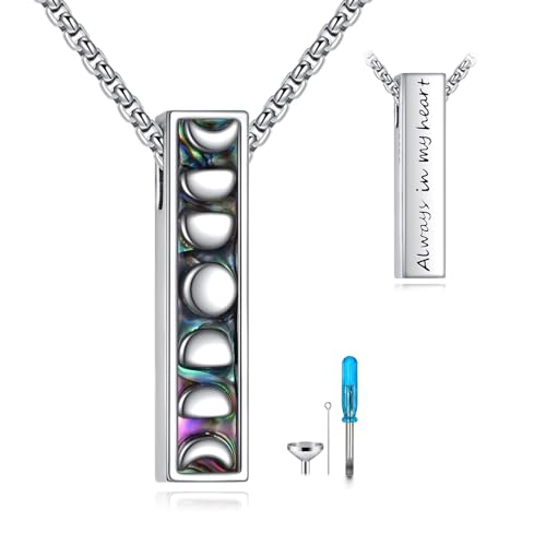 Cremation Urn Necklaces for Ashes Sterling Silver 3D Vertical Bar Memorial Pendant for Loved Ones Keepsake Cremation Jewelry Gifts for Women Men - style: Moon Phase