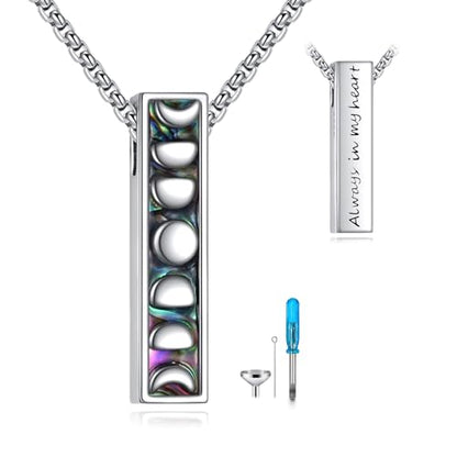 Cremation Urn Necklaces for Ashes Sterling Silver 3D Vertical Bar Memorial Pendant for Loved Ones Keepsake Cremation Jewelry Gifts for Women Men - style: Moon Phase