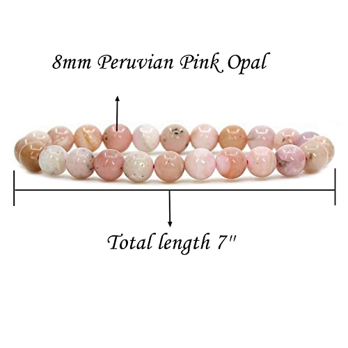 Angelstones Handmade Natural Healing Gemstone 8mm Round Beads Stretch Crystal Bracelet 7 Inch Unisex - color: Pink Opal