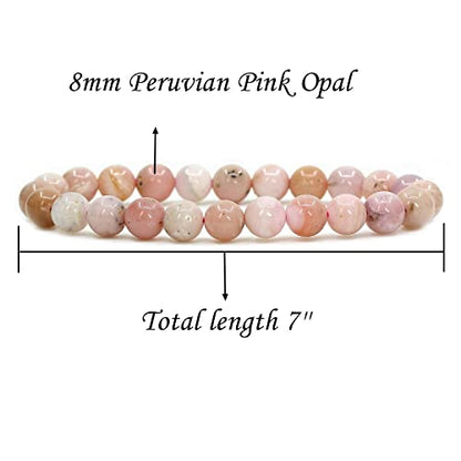 Angelstones Handmade Natural Healing Gemstone 8mm Round Beads Stretch Crystal Bracelet 7 Inch Unisex - color: Pink Opal