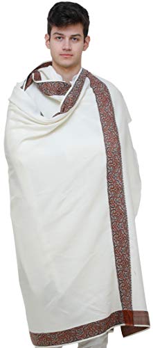 Exotic India Plain Men's Shawl with Brown Woven Border - Pure Wool - color: Ivory
