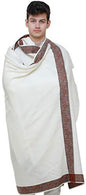 Exotic India Plain Men's Shawl with Brown Woven Border - Pure Wool - color: Ivory