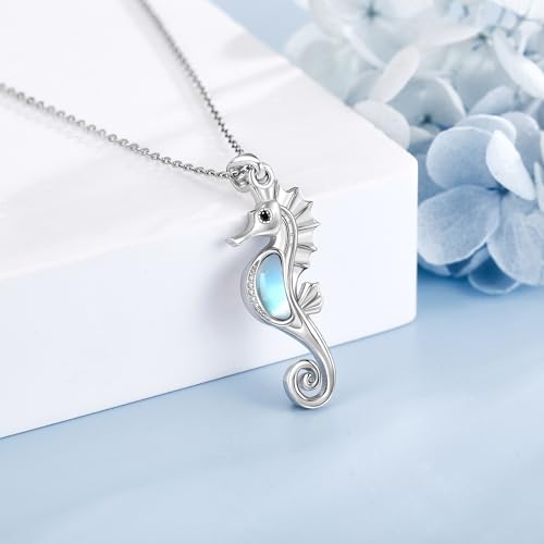 Sterling Silver Cute Animal Pendant Necklace Fox/Snake/Unicorn/Owl on Moon/Rabbit/Horse Necklace Jewelry for Women Mom Sister - style: Moonstone Seahorse