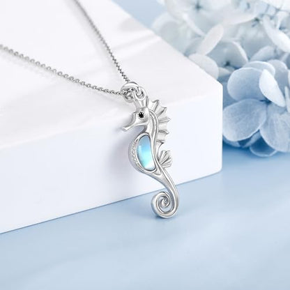 Sterling Silver Cute Animal Pendant Necklace Fox/Snake/Unicorn/Owl on Moon/Rabbit/Horse Necklace Jewelry for Women Mom Sister - style: Moonstone Seahorse